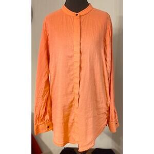 Zuri Coral Linen Blend Tunic Top Mandarin Collar Long Sleeve LG Resort Ethical